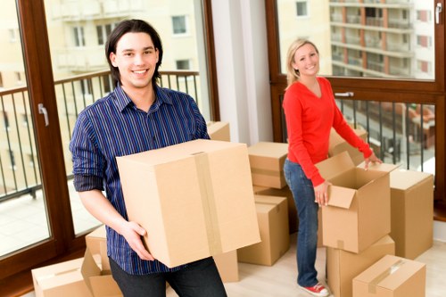 Packed office furniture and equipment ready for transport